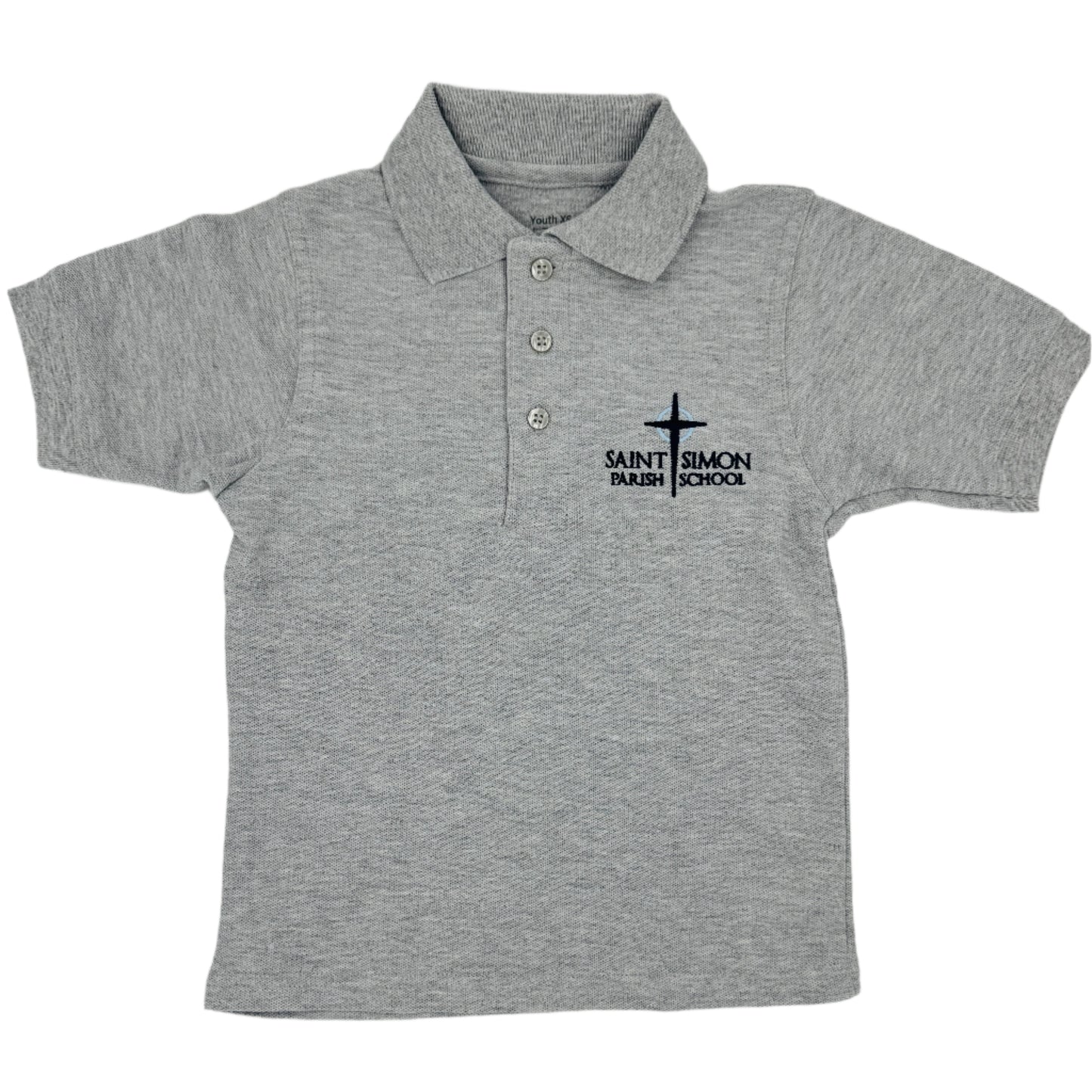 Gray polo shirt with a logo on a white background