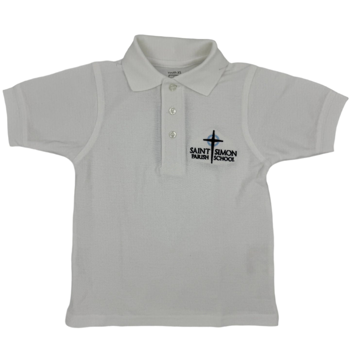 White polo shirt with 'Saint Simon Parish School' logo on a gray background