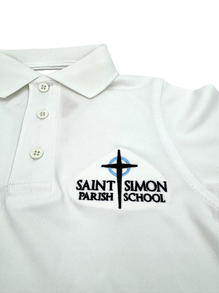 White polo shirt with Saint Simon Parish School logo on a white background