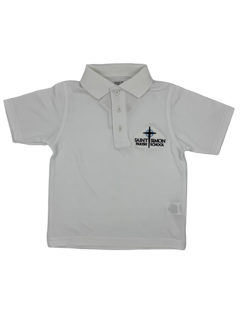 White polo shirt with a "Saint Simon Parish School" logo on a white background