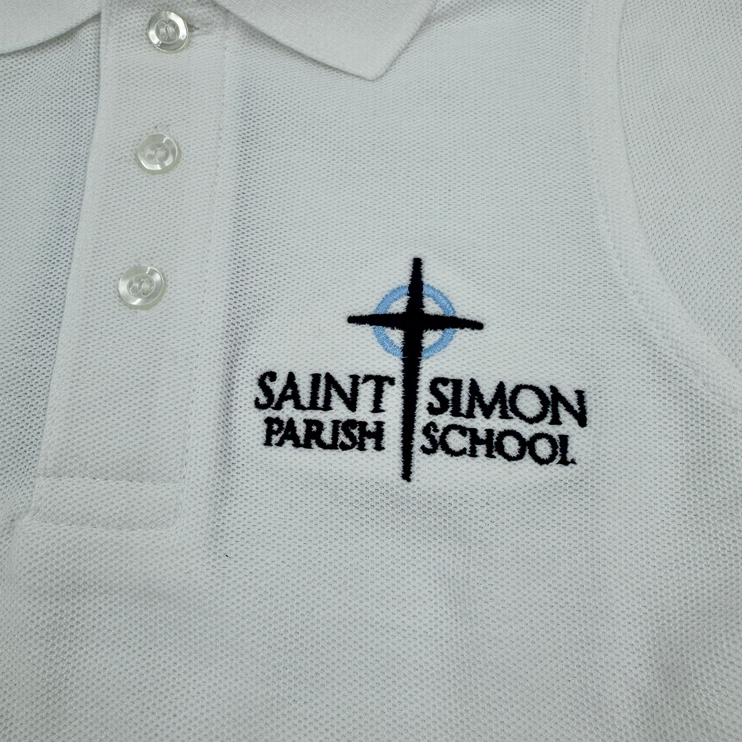 Gray polo shirt with Saint Simon Parish School logo
