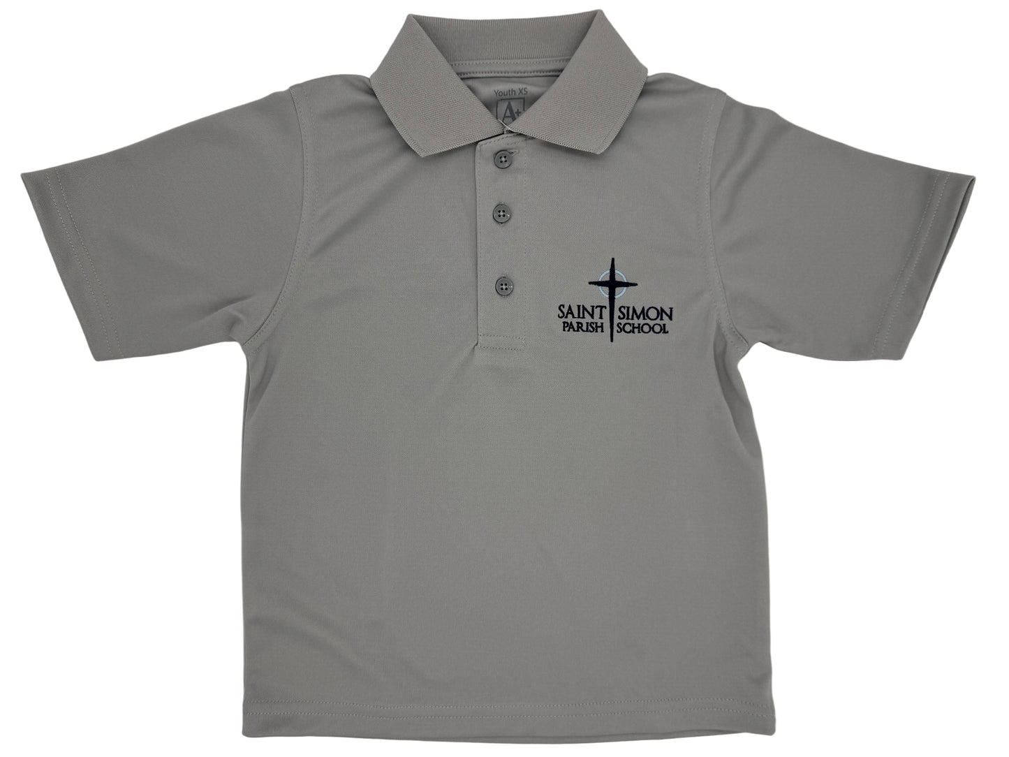 Gray polo shirt with 'Saint Simon Parish School' logo on a white background