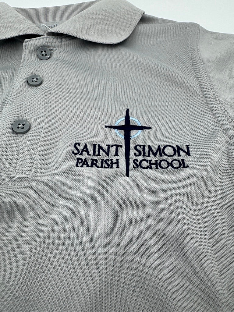 Gray polo shirt with 'Saint Simon Parish School' logo on a white background