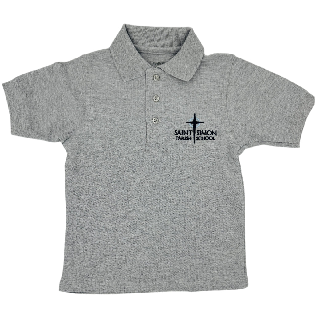 Gray polo shirt with a logo on a white background