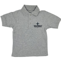 Gray polo shirt with a logo on a white background