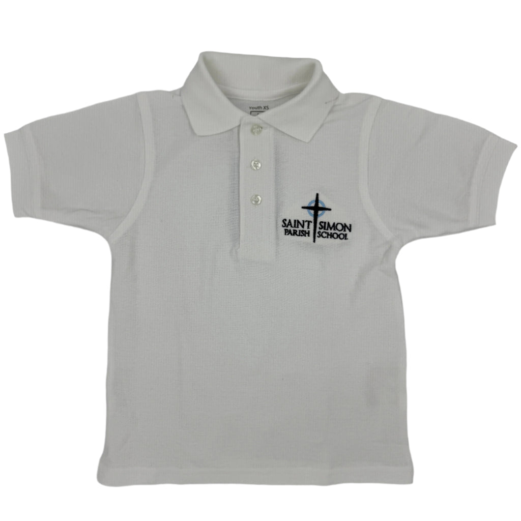 White polo shirt with 'Saint Simon Parish School' logo on a gray background