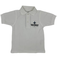 White polo shirt with 'Saint Simon Parish School' logo on a gray background