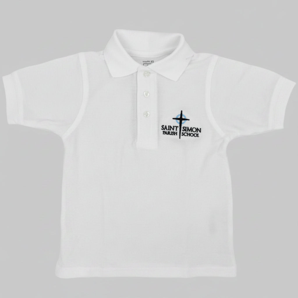 White polo shirt with 'Saint Simon Parish School' logo on a gray background