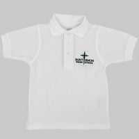 White polo shirt with 'Saint Simon Parish School' logo on a gray background