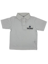 White polo shirt with a "Saint Simon Parish School" logo on a white background