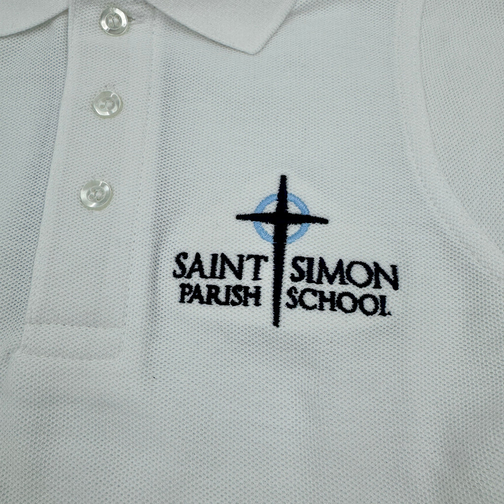 Gray polo shirt with Saint Simon Parish School logo