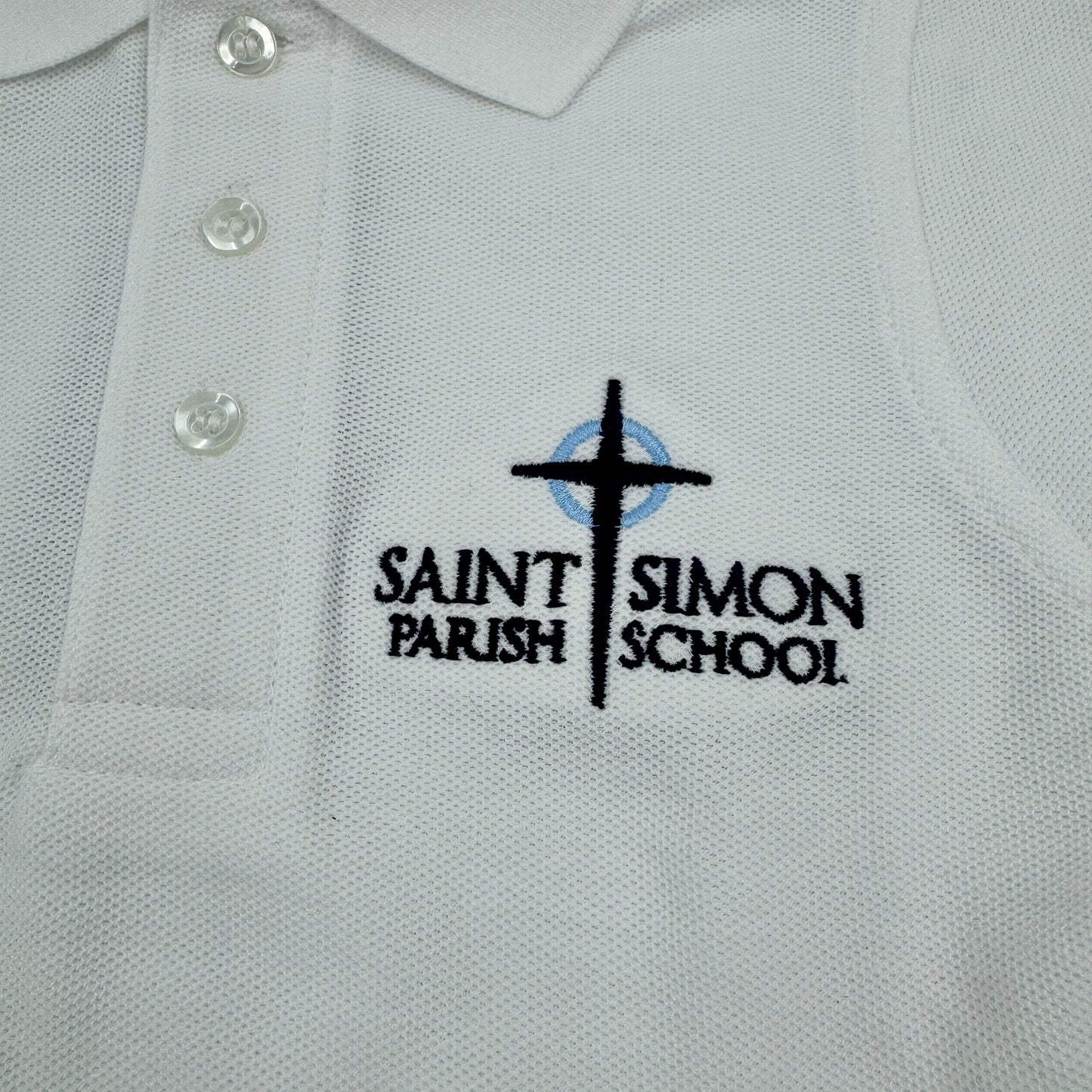 Gray polo shirt with Saint Simon Parish School logo