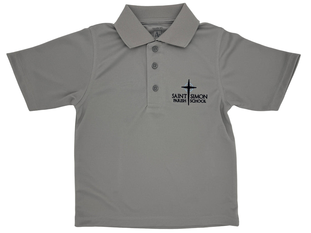 Gray polo shirt with 'Saint Simon Parish School' logo on a white background