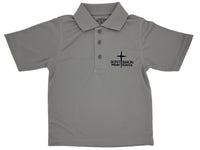 Gray polo shirt with 'Saint Simon Parish School' logo on a white background
