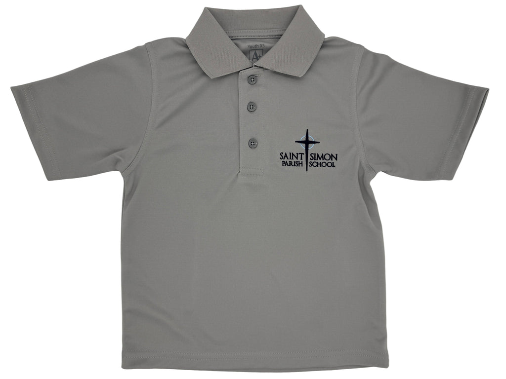 Gray polo shirt with 'Saint Simon Parish School' logo on a white background