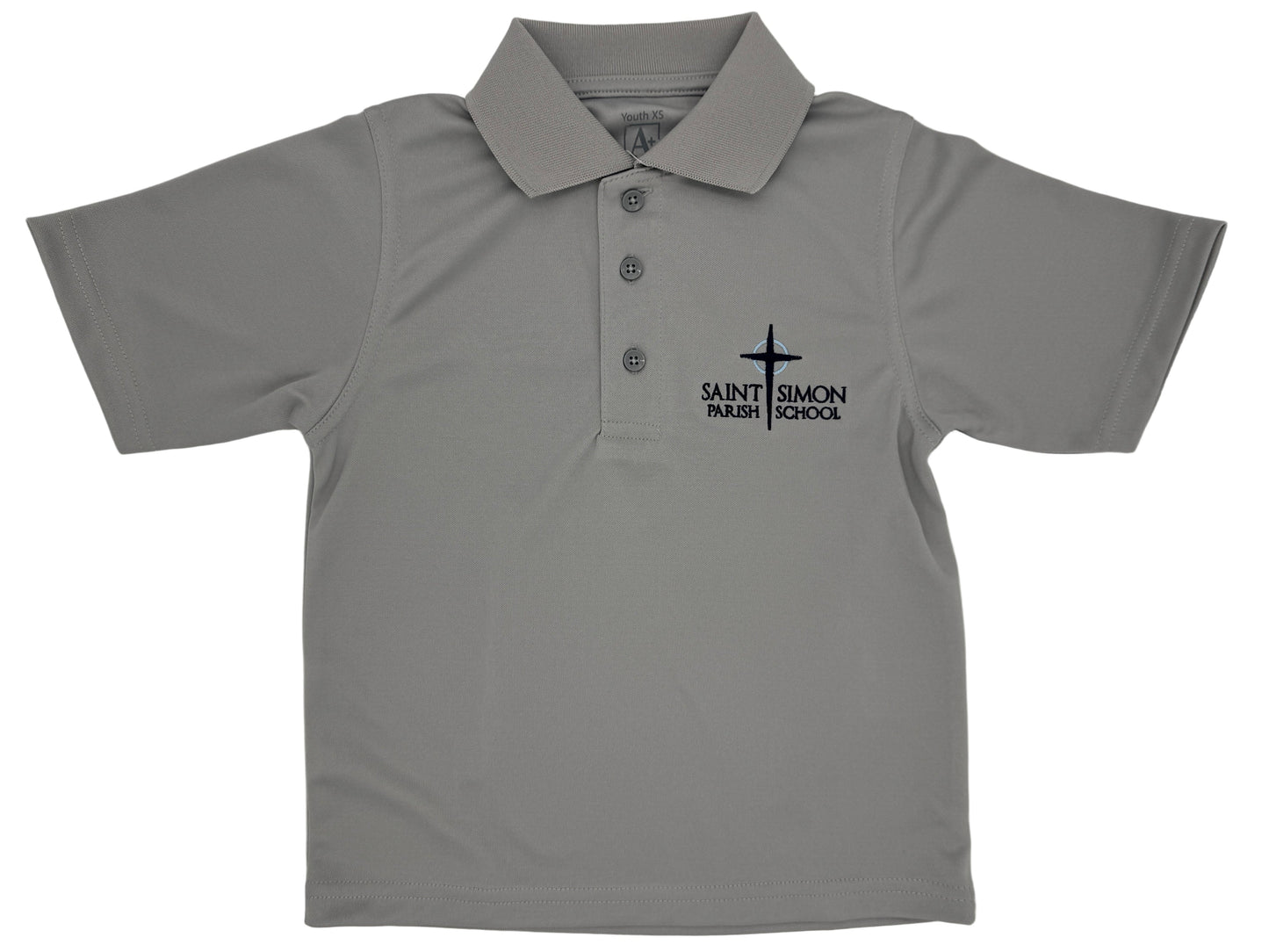 Gray polo shirt with 'Saint Simon Parish School' logo on a white background