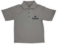 Gray polo shirt with 'Saint Simon Parish School' logo on a white background