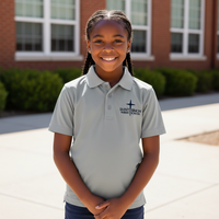 Young girl in a Saint Simon school uniform standing in front of a brick building.
