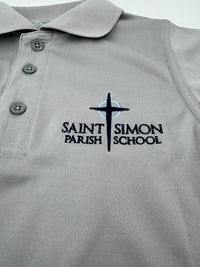 Gray polo shirt with 'Saint Simon Parish School' logo on a white background