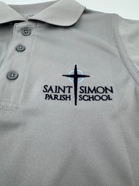 Gray polo shirt with 'Saint Simon Parish School' logo on a white background